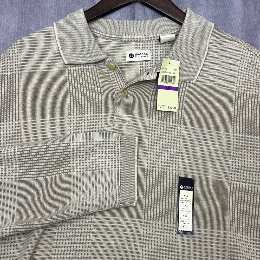 Haggar‎ Polo Shirt Mens XXL Oatmeal Plaid Long Sleeve NWT Knit Cotton Blend